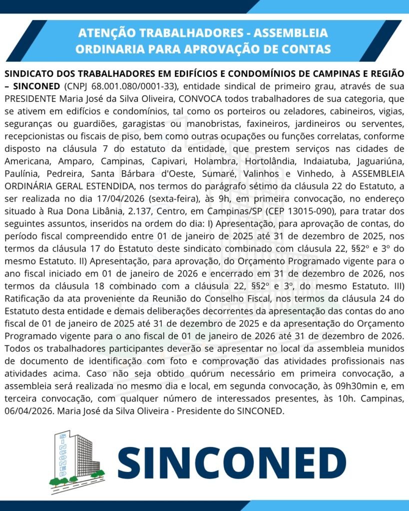 ASSEMBLEIA ORDINARIA PARA APROVAÇÃO DE CONTAS